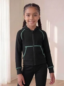 SHEIN 小女孩對比縫線拉鍊連帽運動衫喇叭褲運動服泳裝公主套裝 7歲生日海灘彩虹綠秋季 - 黑色 - 查看 4