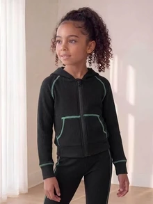 SHEIN 小女孩對比縫線拉鍊連帽運動衫喇叭褲運動服泳裝公主套裝 7歲生日海灘彩虹綠秋季 - 黑色 - 查看 2