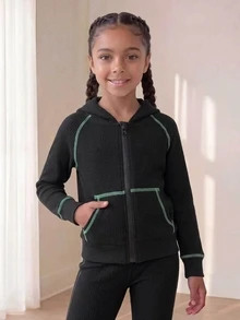 SHEIN 小女孩對比縫線拉鍊連帽運動衫喇叭褲運動服泳裝公主套裝 7歲生日海灘彩虹綠秋季 - 黑色 - 查看 7