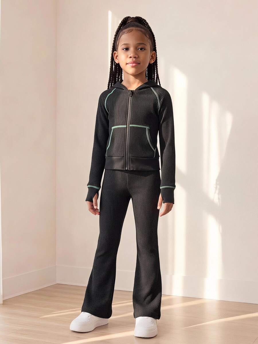 SHEIN 小女孩對比縫線拉鍊連帽運動衫喇叭褲運動服泳裝公主套裝 7歲生日海灘彩虹綠秋季 - 黑色 - 查看 1