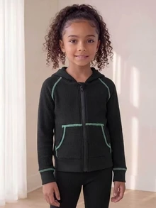 SHEIN 小女孩對比縫線拉鍊連帽運動衫喇叭褲運動服泳裝公主套裝 7歲生日海灘彩虹綠秋季 - 黑色 - 查看 6