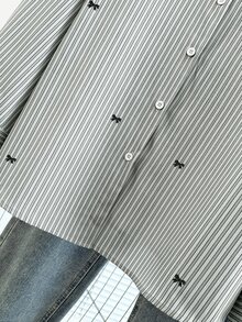 GlowEve CURVE Plus Size Striped Pattern Small Bow Print Button-Up Collared Long Sleeve Shirt - Light Grey - View 5