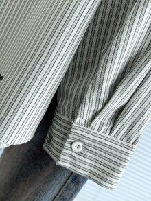GlowEve CURVE Plus Size Striped Pattern Small Bow Print Button-Up Collared Long Sleeve Shirt - Light Grey - View 3