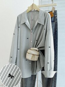 GlowEve CURVE Plus Size Striped Pattern Small Bow Print Button-Up Collared Long Sleeve Shirt - Light Grey - View 1