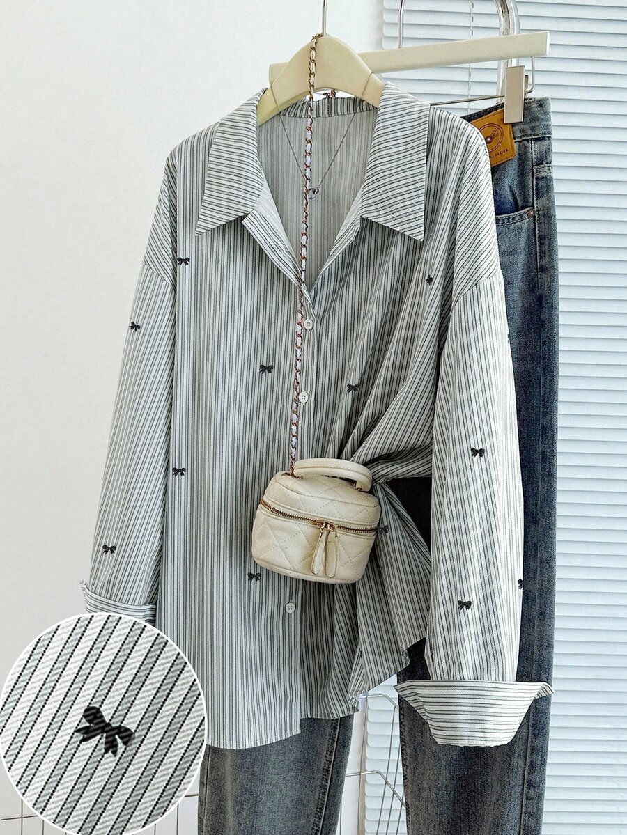 GlowEve CURVE Plus Size Striped Pattern Small Bow Print Button-Up Collared Long Sleeve Shirt - Light Grey - View 1