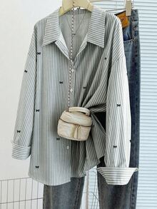 GlowEve CURVE Plus Size Striped Pattern Small Bow Print Button-Up Collared Long Sleeve Shirt - Light Grey - View 6