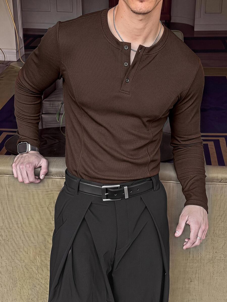 SWAVVY 男士純色休閒百搭日常穿著長袖T恤 - 咖啡棕 - 查看 1