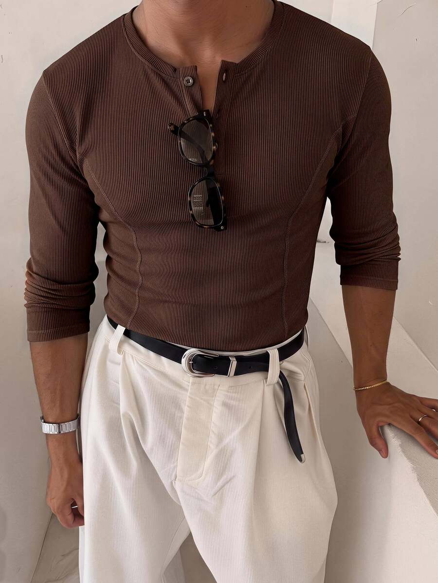 SWAVVY Kaos Lengan Panjang Pria Warna Polos Kasual Serbaguna untuk Pemakaian Sehari-hari - Coffee Brown - View 1