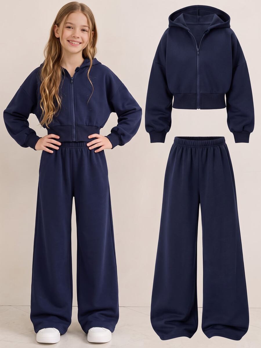 SHEIN 青少年女孩秋季套裝 2件組 花卉深藍色連帽拉鍊開襟衫、寬鬆運動長褲，假期 Sixth Form 正式休閒寬鬆街頭風