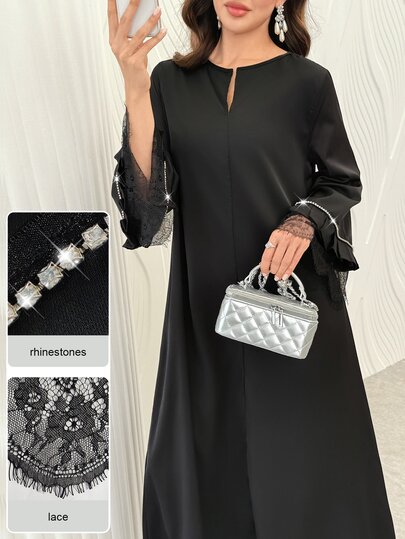 Al Najma Women's Casual Long Dress, Black Loose Fit Slimming Long Sleeve Lace Patchwork Diamond Woven Tape, Suitable For Daily Wear And Vacation