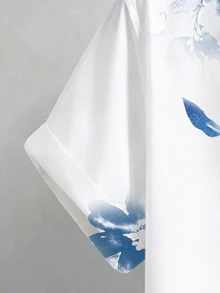 NEOREFINED 男士水墨花卉短袖襯衫，復古藝術印花寬鬆版型翻領開襟衫 - 彩色 - 查看 4