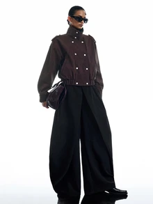 LYSMO Women's Vintage High Neck Button Pocket Long Sleeve Jacket Fall Clothes For Women Going Out Jacket - Brown - View 8