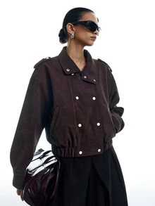 LYSMO Women's Vintage High Neck Button Pocket Long Sleeve Jacket Fall Clothes For Women Going Out Jacket - Brown - View 6