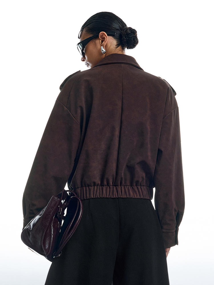 LYSMO Women's Vintage High Neck Button Pocket Long Sleeve Jacket - Brown - View 2