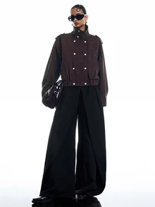LYSMO Women's Vintage High Neck Button Pocket Long Sleeve Jacket Fall Clothes For Women Going Out Jacket - Brown - View 5