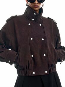 LYSMO Women's Vintage High Neck Button Pocket Long Sleeve Jacket Fall Clothes For Women Going Out Jacket - Brown - View 4