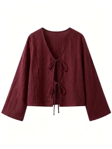 EMERY ROSE Women's Casual Boho Solid Color Tie Shirt Vacation Burgundy Autumn - Burgundy - View 7