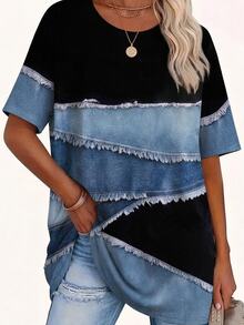 EMERY ROSE [Efek Denim] Kaos Kasual Ukuran Besar Lengan Pendek Kerah Bulat Motif Patchwork, Musim Semi - MultiWarna - View 4
