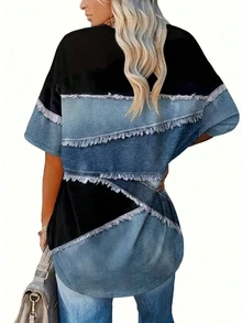EMERY ROSE [Efek Denim] Kaos Kasual Ukuran Besar Lengan Pendek Kerah Bulat Motif Patchwork, Musim Semi - MultiWarna - View 2