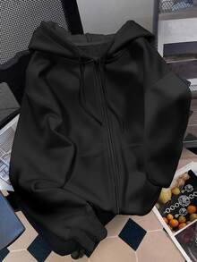 EMERY ROSE Plus Size Minimalist Zip-Up Long Sleeve Hooded Sweatshirt For Daily Wear - Multicolor - View 4