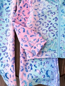 2件組女孩漸層豹紋拉鍊連帽外套與長褲套裝，秋季可愛馬卡龍色運動服，幼兒園7歲生日紫色 - 彩色 - 查看 7