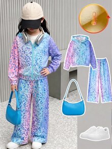 2件組女孩漸層豹紋拉鍊連帽外套與長褲套裝，秋季可愛馬卡龍色運動服，幼兒園7歲生日紫色 - 彩色 - 查看 4
