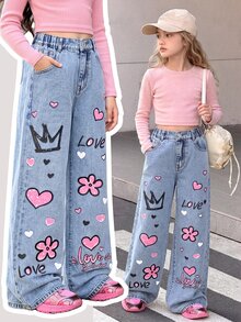 Girls' Back To School Graffiti Print Wide Leg Denim Jeans, Light Blue Washed Heart Flower Crown Letter Pattern, Elastic High Waist Loose Fit, Personalized Denim Pants For Students And Casual Wear - Light Wash - View 4