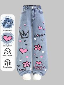 Girls' Back To School Graffiti Print Wide Leg Denim Jeans, Light Blue Washed Heart Flower Crown Letter Pattern, Elastic High Waist Loose Fit, Personalized Denim Pants For Students And Casual Wear - Light Wash - View 5