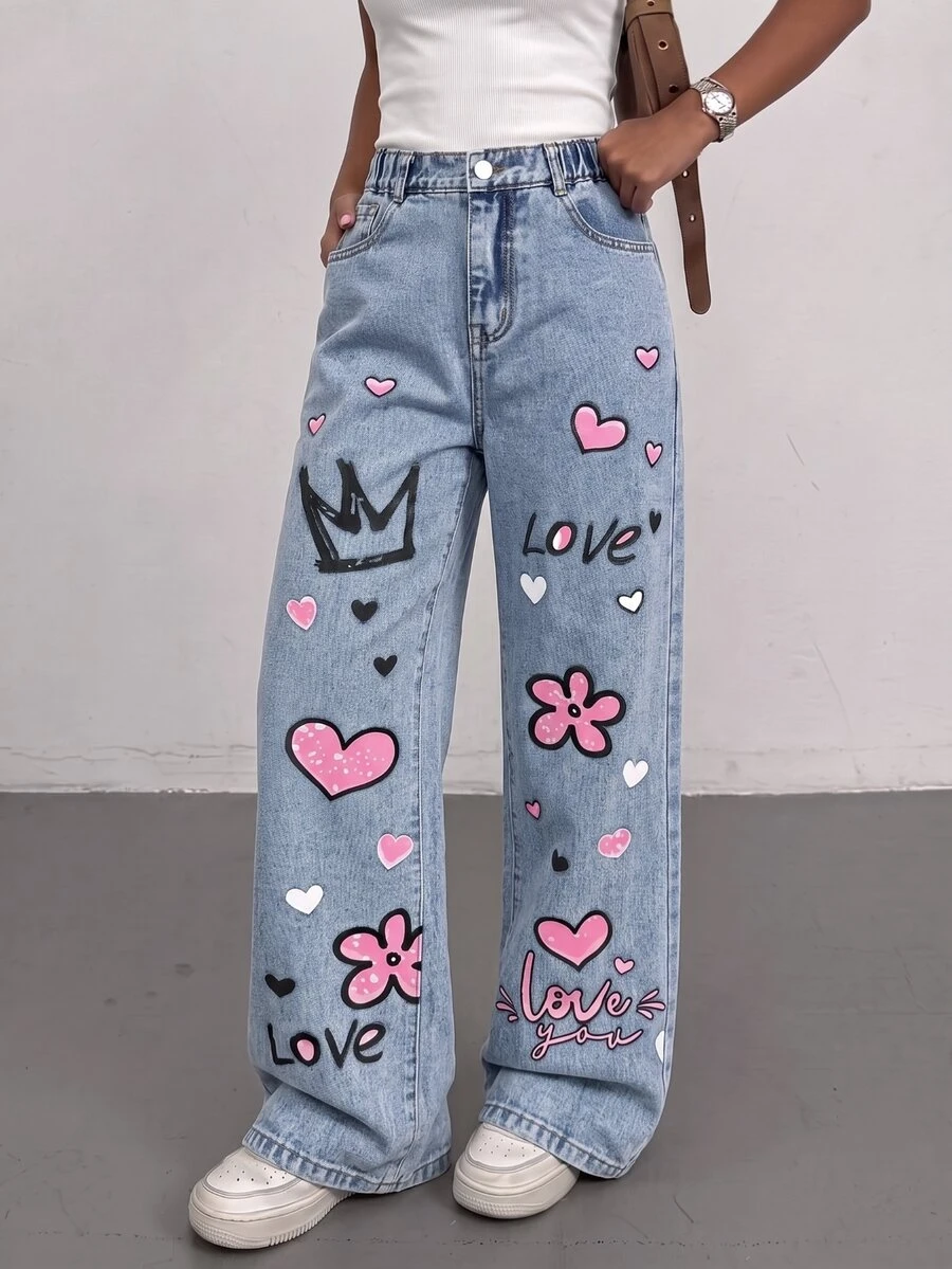 Girls' Back To School Graffiti Print Wide Leg Denim Jeans, Light Blue Washed Heart Flower Crown Letter Pattern, Elastic High Waist Loose Fit, Personalized Denim Pants For Students And Casual Wear - Light Wash - View 1