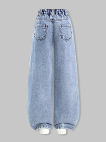 Girls' Back To School Graffiti Print Wide Leg Denim Jeans, Light Blue Washed Heart Flower Crown Letter Pattern, Elastic High Waist Loose Fit, Personalized Denim Pants For Students And Casual Wear - Light Wash - View 2