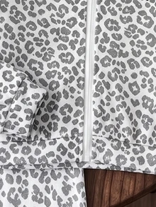 2pcs/Set Girls Gray Leopard Print Zip-Up Hooded Jacket & Pants Set, Cute Bow Detail Sportswear Fall Style 2026 - Multicolor - View 7