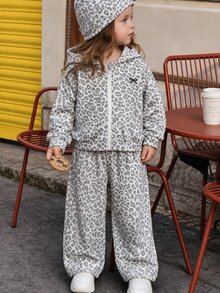 2pcs/Set Girls Gray Leopard Print Zip-Up Hooded Jacket & Pants Set, Cute Bow Detail Sportswear Fall Style 2026 - Multicolor - View 3