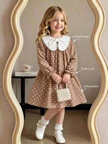 SHEIN Genkimix Kids 女童秋季白色寬鬆長袖洋裝，彈性袖口、精緻領口、後開襟，仙女公主風，適合7歲生日與婚禮 - 藕粉色 - 查看 3