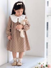 SHEIN Genkimix Kids 女童秋季白色寬鬆長袖洋裝，彈性袖口、精緻領口、後開襟，仙女公主風，適合7歲生日與婚禮 - 藕粉色 - 查看 9