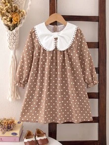 SHEIN Genkimix Kids 女童秋季白色寬鬆長袖洋裝，彈性袖口、精緻領口、後開襟，仙女公主風，適合7歲生日與婚禮 - 藕粉色 - 查看 4