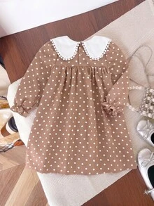 SHEIN Genkimix Kids 女童秋季白色寬鬆長袖洋裝，彈性袖口、精緻領口、後開襟，仙女公主風，適合7歲生日與婚禮 - 藕粉色 - 查看 2