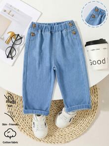 SHEIN Baby Boys Fall Winter Light Wash Side Button Detail Non-Stretch Elastic Waist Straight Leg Denim Jeans - Blue - View 3
