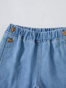 SHEIN Baby Boys Fall Winter Light Wash Side Button Detail Non-Stretch Elastic Waist Straight Leg Denim Jeans - Blue - View 4