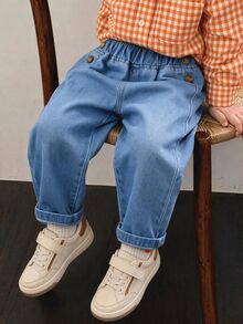 SHEIN Baby Boys Fall Winter Light Wash Side Button Detail Non-Stretch Elastic Waist Straight Leg Denim Jeans - Blue - View 1