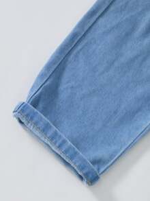 SHEIN Baby Boys Fall Winter Light Wash Side Button Detail Non-Stretch Elastic Waist Straight Leg Denim Jeans - Blue - View 8