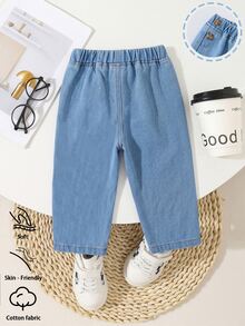 SHEIN Baby Boys Fall Winter Light Wash Side Button Detail Non-Stretch Elastic Waist Straight Leg Denim Jeans - Blue - View 2