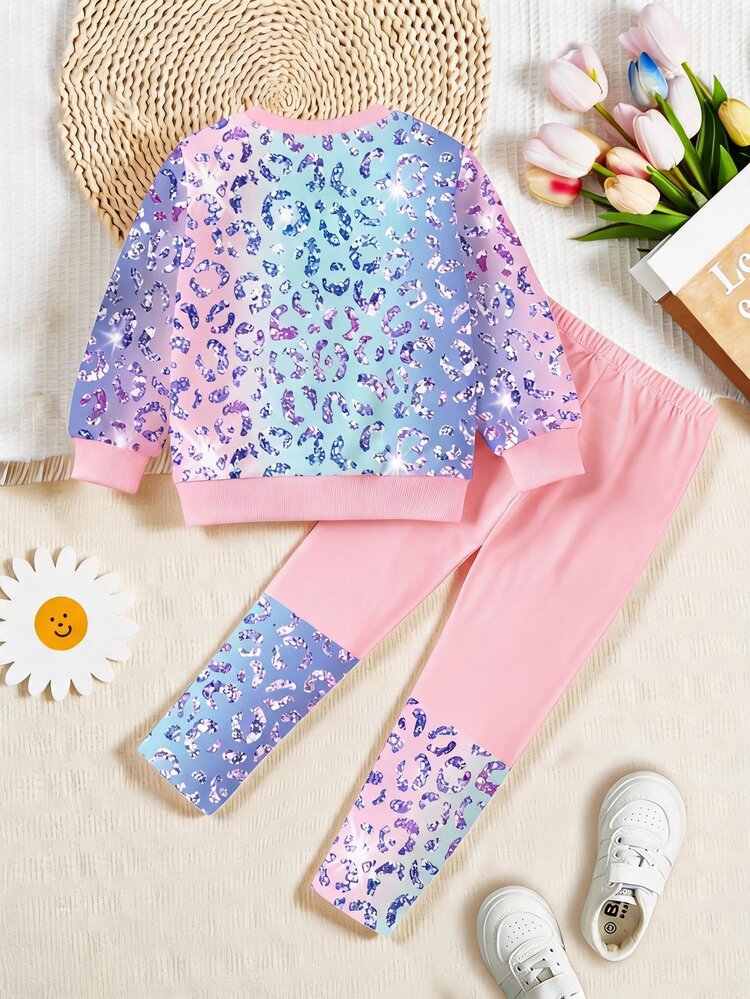 Young Girls' Sweatshirt Set, Colorful Leopard Print, Suitable For Autumn And Winter, Minimalist Casual, Fashionable - Multicolor - View 2