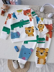1 Set Spring/Autumn New Boys Round Neck Sweatshirt & Long Pants 2 Pieces Set, Cute Animal All-Over Print Pattern, Fashionable Casual Versatile, Photo-Ready, Cool & Stylish Look, Suitable For Daily Wear, Outings, Holidays, School, Multi-Wear, Perfect Gift Choice For Boys, Creating Eye-Catching Spring/Autumn Kids Outfit - Multicolor - View 4