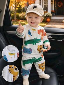 1 Set Spring/Autumn New Boys Round Neck Sweatshirt & Long Pants 2 Pieces Set, Cute Animal All-Over Print Pattern, Fashionable Casual Versatile, Photo-Ready, Cool & Stylish Look, Suitable For Daily Wear, Outings, Holidays, School, Multi-Wear, Perfect Gift Choice For Boys, Creating Eye-Catching Spring/Autumn Kids Outfit - Multicolor - View 2