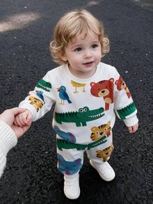 1 Set Spring/Autumn New Boys Round Neck Sweatshirt & Long Pants 2 Pieces Set, Cute Animal All-Over Print Pattern, Fashionable Casual Versatile, Photo-Ready, Cool & Stylish Look, Suitable For Daily Wear, Outings, Holidays, School, Multi-Wear, Perfect Gift Choice For Boys, Creating Eye-Catching Spring/Autumn Kids Outfit - Multicolor - View 1