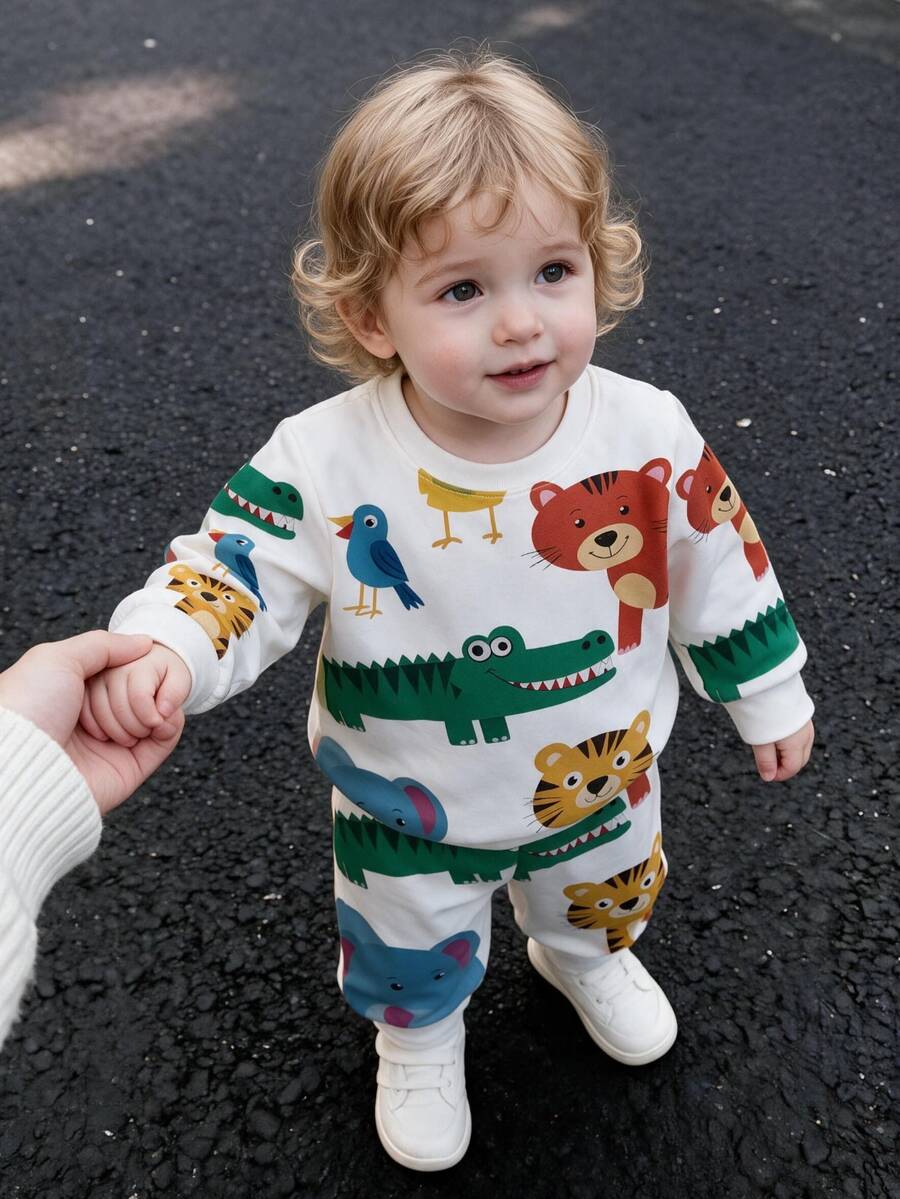 1 Set Spring/Autumn New Boys Round Neck Sweatshirt & Long Pants 2 Pieces Set, Cute Animal All-Over Print Pattern, Fashionable Casual Versatile, Photo-Ready, Cool & Stylish Look, Suitable For Daily Wear, Outings, Holidays, School, Multi-Wear, Perfect Gift Choice For Boys, Creating Eye-Catching Spring/Autumn Kids Outfit - Multicolor - View 1