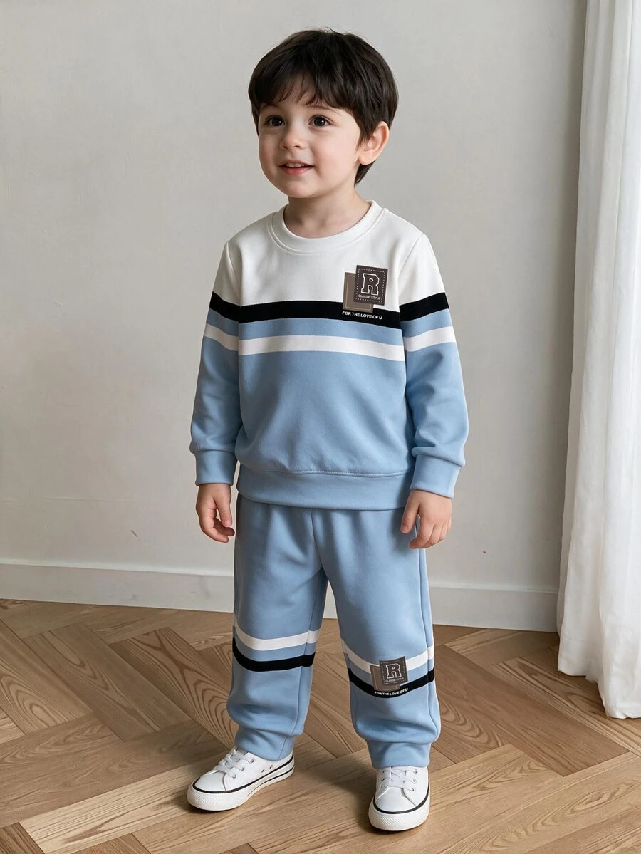 Baby Boy Crew Neck Letter Print Long Sleeve Sweatshirt And Sweatpants Set - Multicolor - View 1