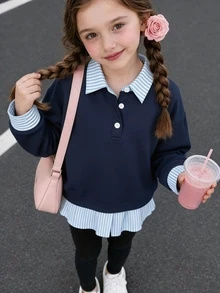 1 pieza Sudadera tipo pullover 2 en 1 con cuello de camisa estilo preppy casual básico y patchwork, adecuada para uso diario/salidas/regreso a la escuela/exterior/hogar/múltiples ocasiones, primavera/verano/otoño/todas las estaciones, conjunto de otoño/invierno - Azul Marino - Ver 2