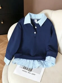 1 pieza Sudadera tipo pullover 2 en 1 con cuello de camisa estilo preppy casual básico y patchwork, adecuada para uso diario/salidas/regreso a la escuela/exterior/hogar/múltiples ocasiones, primavera/verano/otoño/todas las estaciones, conjunto de otoño/invierno - Azul Marino - Ver 6