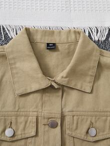 SHEIN 女童牛仔夾克四季休閒復古卡其色做舊色翻領單排扣短版，適合夏季度假、音樂節、秋季校園 - 綠色 - 查看 6